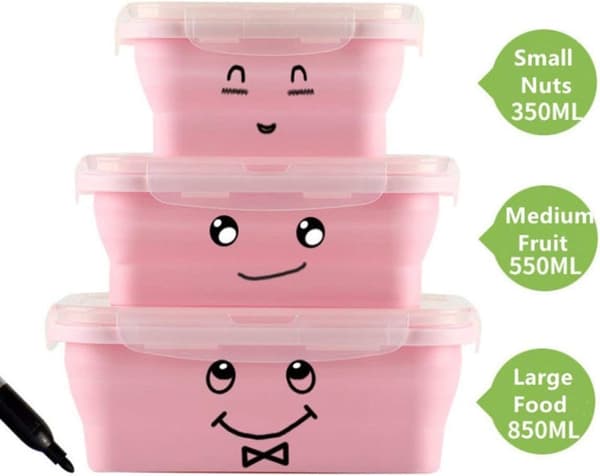 3-pak Silikone Madkasse Bærbar Foldbar (Pink)