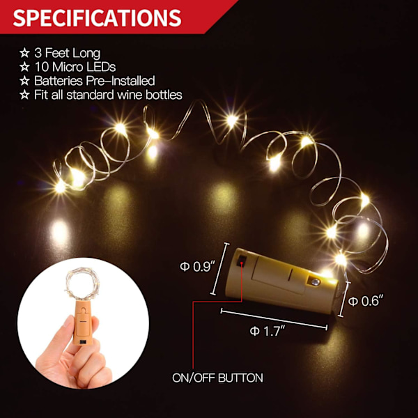 10 stk. Vinflaske Kork Strenglys - Batteridrevet - Dekoration til Have, Bryllup, Jul & Fest - Varm Hvid - 10 LED/3 Fod