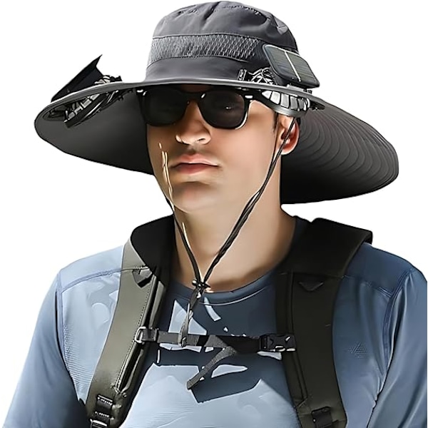 Bredbrättad Solhatt för Utomhusbruk med 2 Solfläktar, Solhatt för Män och Kvinnor UPF 50+, Fiske- & Strandhatt med Inbyggd Fläkt Dark Gray