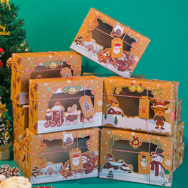 12 st julgodisboxar med fönster, söta stora julklappsaskar med presentlappar och kraftpappersrep julbröd godisgåva munkboxar