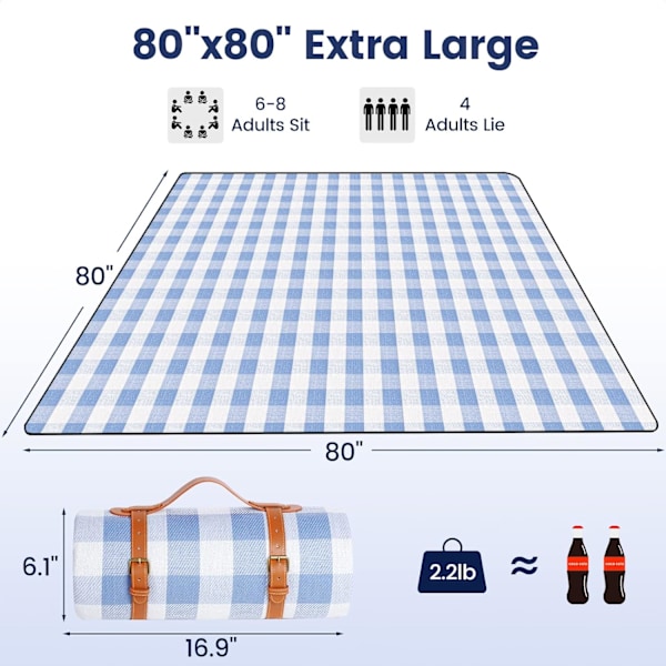 Erittäin suuri piknikviltti 80x80 tuumaa, vedenpitävä, taitettava, 3-kerroksinen rantaviltti 6-8 aikuiselle White Blue Grids