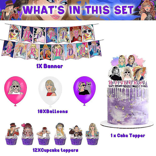 Taylor Swift-tema fans Swiftie fødselsdagsfest dekoration omfatter et banner, balloner, kagepynt