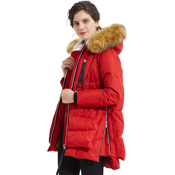 Kvinnors förtjockade dunjacka Parka huvtröja lång pufferrock för vintern M Red+Fur Trim