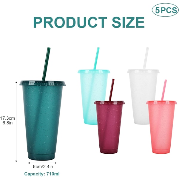 Gjenbrukbare plastkopper 5 stk drikkebeger fargede akrylkopper med lokk og sugerør plast bulk isplast kaldtvannsbeger is 710ml a