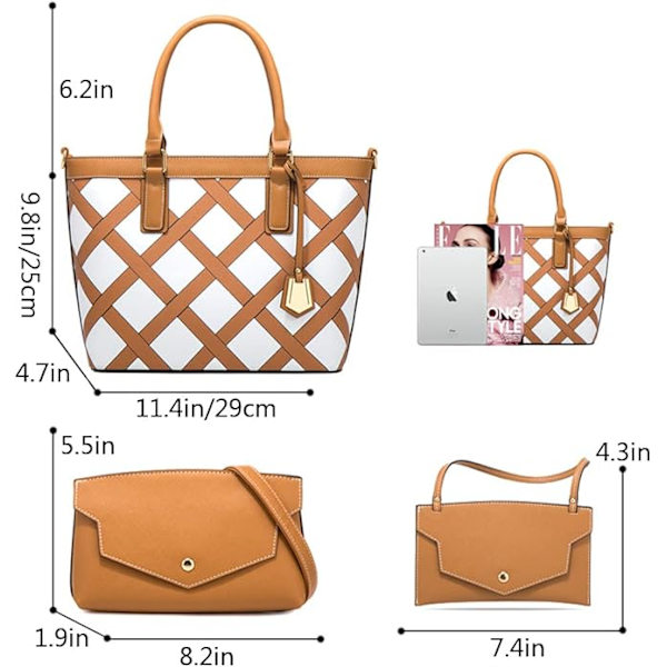 Tote väskor kvinnor 4 pack axelväskor rutmönster handväskor plånböcker crossbody väskor Khaki