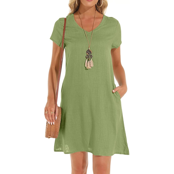 Kvinnors klänning sommar linneklänningar casual V-ringad midiklänning kortärmad A-linje klänning solklänning tunika klänning utan accessoarer A Green M