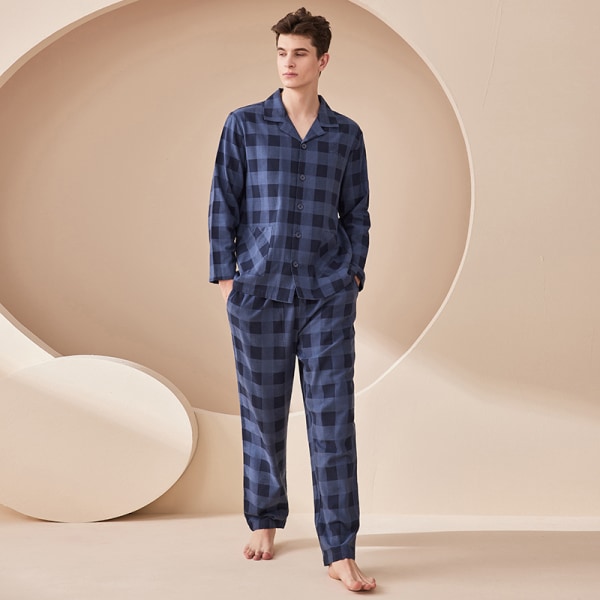 Blå rutete herrepar høst og vinter pyjamassett i ren bomull kan brukes utenfor L Blue check for men L