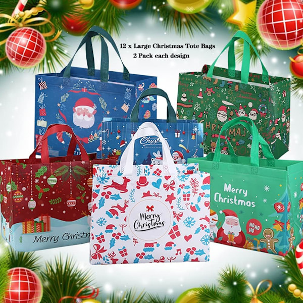12-pakke gjenbrukbare julegaveposer, totebag med håndtak, gavepose, handlepose for juleferiefest