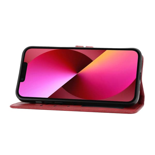 För iPhone 14 Plus Präglat Glad Katt Mönster Flip Läder Telefonfodral