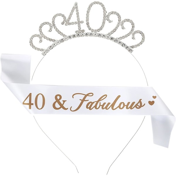 40-vuotissyntymäpäivän nauha ja tiara naisille 40-vuotissyntymäpäivän koriste Kristalli kruunu tiara ja 40 & Fabulous syntymäpäivän nauha 40-vuotissyntymäpäivän asukokonaisuus