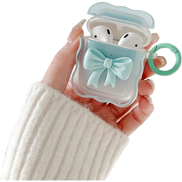 Kompatibel med AirPods 2 & 1 Deksel Myk Transparent TPU med Søt 3D Farge Sløyfe Design Støtsikker Nøkkelring Deksel for Airpods 2 & 1 Blå Blue