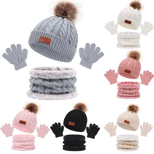 Beige set barnmössa scarfhandskar tredelad höst och vinter ny single ball baby cream-coloured