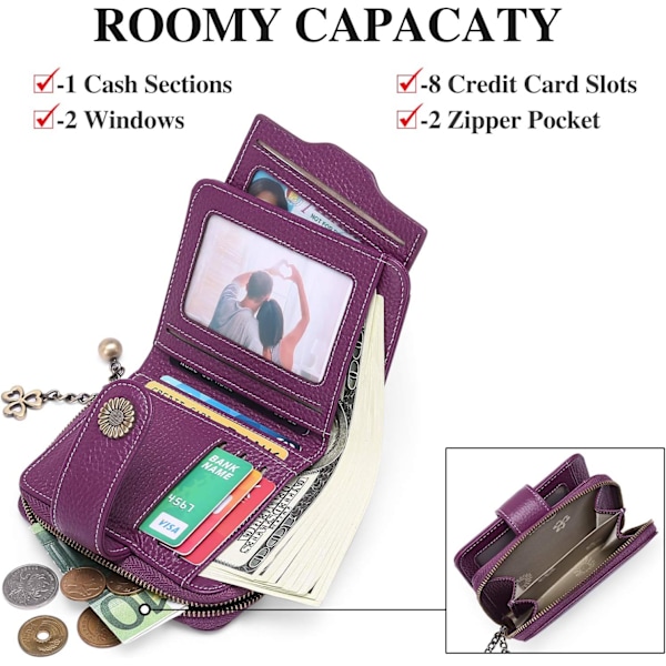 Plånböcker för kvinnor Äkta läder Liten Bifold Kompakt Damplånbok med RFID-skydd Dark Purple