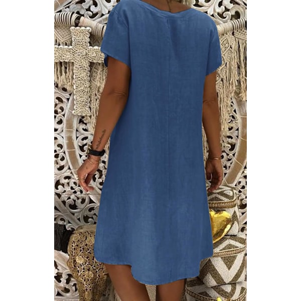 Damklänning Sommar Linneklänningar Casual V-ringad Midiklänning Kortärmad A-linjeklänning Solklänning Tunika Klänning Utan Tillbehör (Halsband ingår ej) A Blue 3XL