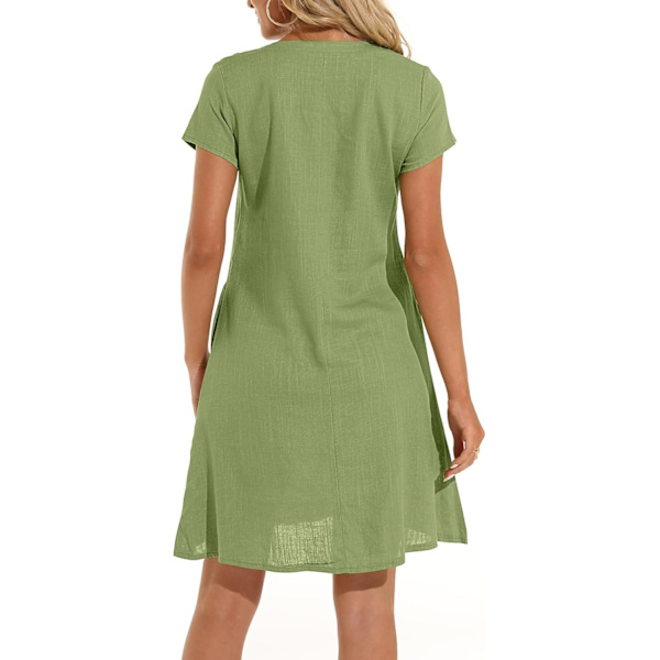 Damekjole Sommer Linskjoler Casual V-hals Midi Kjole Kort Erm A-linje Kjole Sommerkjole Tunikakjole Uten Tilbehør (Halskjede ikke inkludert) A Green L
