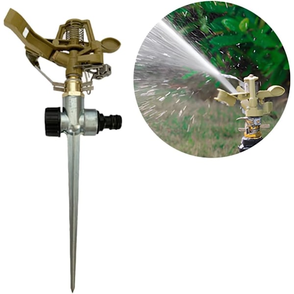 Påverkanssprinkler med spikbas, kraftig sprinkler i zinklegering för trädgård gräsmatta, 0-360° rotation för att täcka stor yta