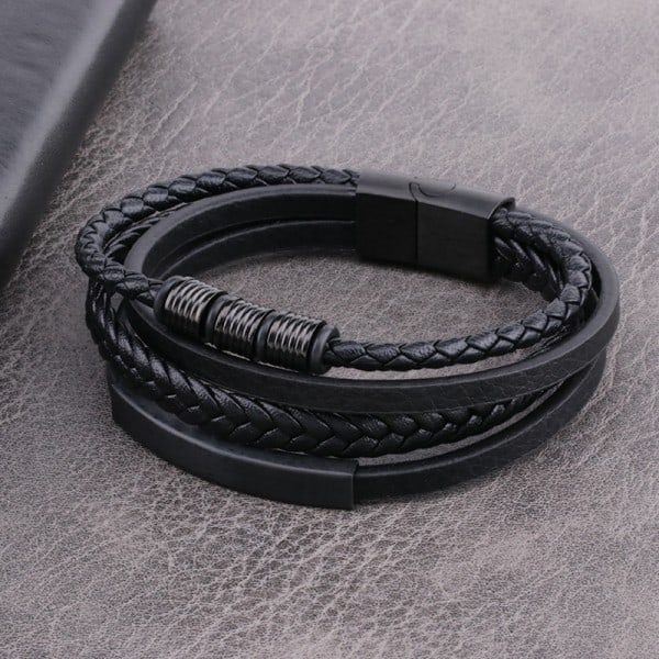 Punk Multilags Vævet Rustfrit Stål Læder Reb Armbånd 22cm 22 cm