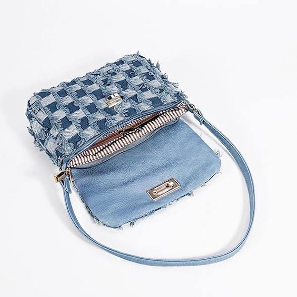 Toteväska, Denimtyg Mjuk Handväska Underarm Väska, Tassels Schackbräde Axelväska, Handväskor för Kvinnor Semester Resor Daglig Matchning(Ljus)