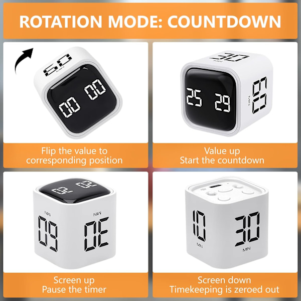 Kube Timer, Roterende Pomodoro Timer, 5/10/30/60 Minutter og Egendefinert Nedtelling, Digital Timer med Vibrasjon White
