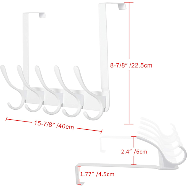 Over the door knagerække, 5 kroge til tøj, håndklæder, frakke (hvid)