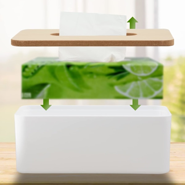 Servetthållare med lock i bambu, servetthållare, rektangulär servettdispenserlåda för badrum, kök, vardagsrum, kontor, bil, 21x13x10cm (vit)