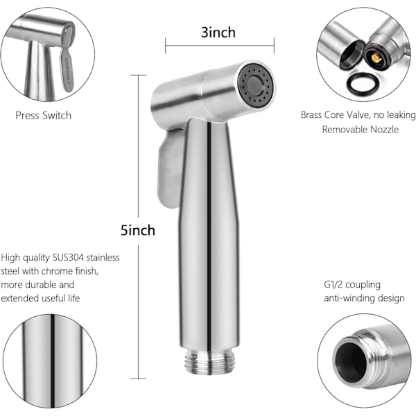 Håndholdt bidet-sprøjte, rustfrit stål børstet nikkel spray kit, badeværelse stofble rengøringsmiddel, bærbart rustfrit brusehoved Handheld spray gun + metal tube