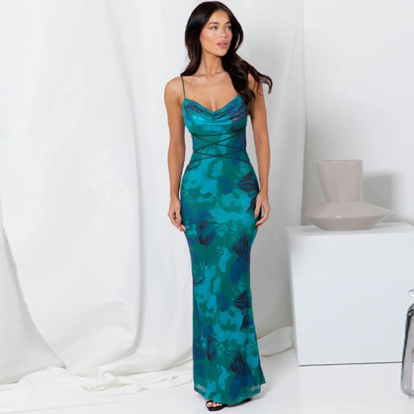 Ny forår/sommer 2024 sexet grime-up grime-kjole med slimprint Blue S