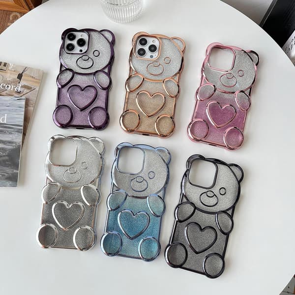 För iPhone 14 Pro Björnform Elektropläterad TPU-telefonfodral med Gradient Glitterpapper