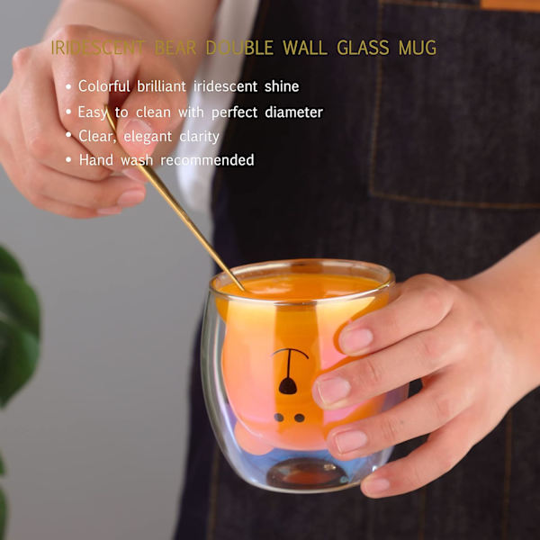 Bjørnekop Søde krus til kvinder Glas Dobbeltvægget isolerede glas Espresso kop, Kaffe kop, Tekop, Mælkekop, Bedste gave Iridescent Bear