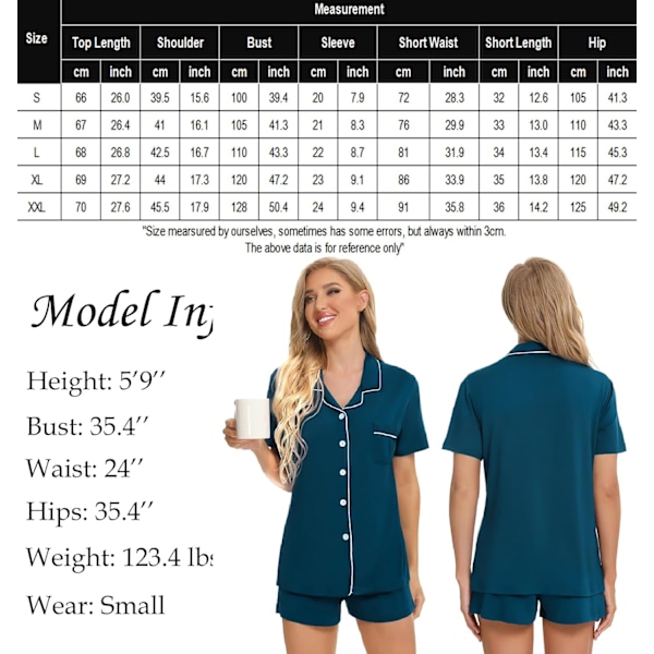 Dam Pyjamas Set Kortärmad Nattkläder Dam Knapp Ned Nattkläder PJ Set med Ficka XL Deep Blue