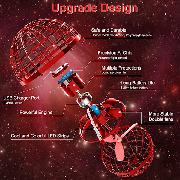 Oppgradert flygende orb ball leketøy, håndkontrollert boomerang sveveball, kosmisk globe flygende spinner med uendelige triks Red