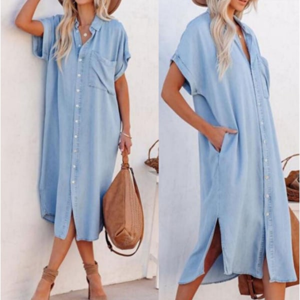 Sommer 2024 ny mode ensfarvet denim kortærmet kjole mid-length slids shirtdress M