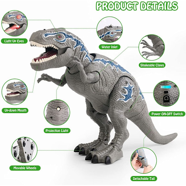 Kauko-ohjattavat dinosauruslelut, LED-valolla ja kävelevät