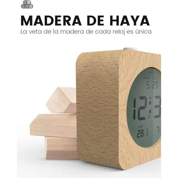 Digital klocka, träväckarklocka med temperatur, datumvisning, skrivbordsklocka med nattlampa och snooze-modul, batteridriven
