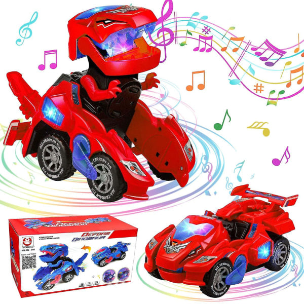 Deformeret dinosaurlegetøj, deformeret dinosaurbil, automatisk deformeret dinosaurbil med musik og LED-lys, deformeret billegetøj rød Red