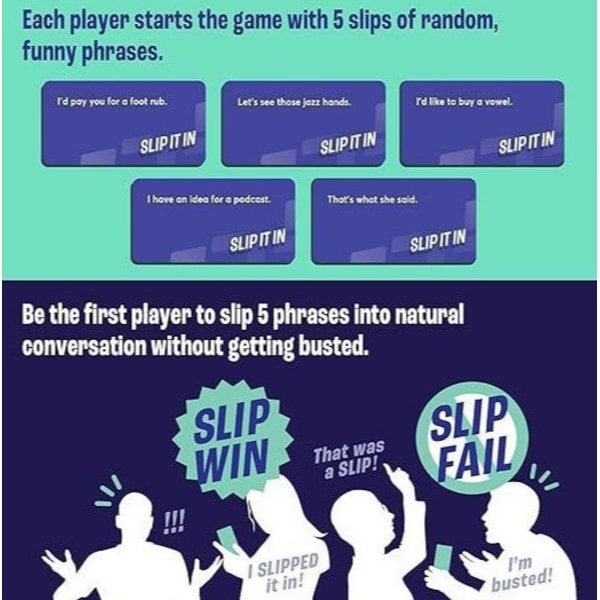 Et festspil til venner med \"Slip It in Card\" og forskellige opgaver og udfordringer
