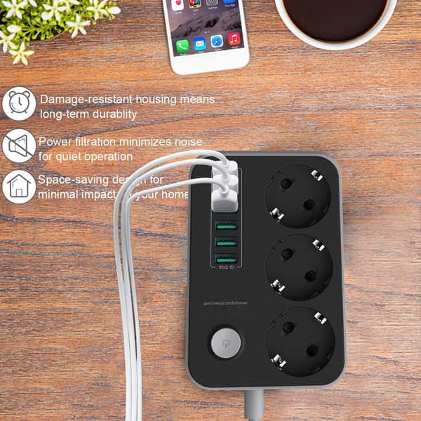 Stikdåse med 6 USB multifunktionsstik, 3 stikdåser