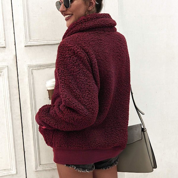 Dame Fleece Jakke, Quarter Zip Sweatshirt, Varm og Fleksibel Jakke til Vinter og Efterår Rojo M