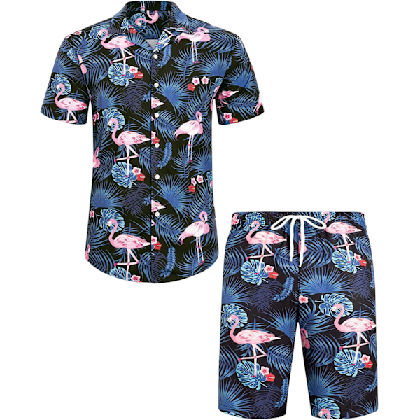 Herr Hawaiian skjorta och shorts set Regular Fit kortärmad casual funky strand flamingo skjorta set M Blue Flamingo Leaf