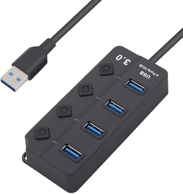 USB 3.0 -hubi kytkimellä ja LED-virtalähteellä
