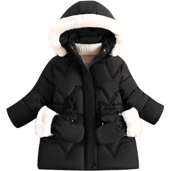 Svart jentedunjakke med tykk parkas med hansker /130cm black 130CM