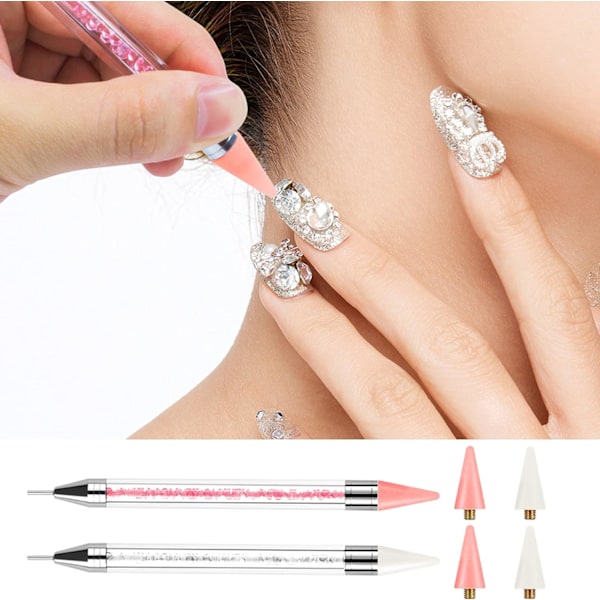 Rhinestone Plukke Verktøy 2 Akrylhåndtak Rhinestone Applikator Dobbelthode DIY Neglekunst Verktøy med 4 Ekstra Voks Tips og 1 Pinsett