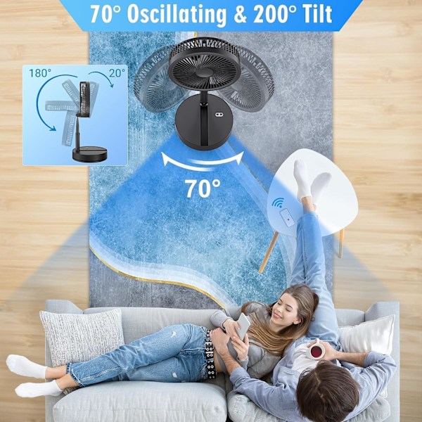 Oscillerende Bærbar Gulvventilator Støjsvag med Fjernbetjening, 9'' 4 Tilstande/Timer, 7200mAh USB Genopladelig Sokkelventilator til Soveværelse Kontor