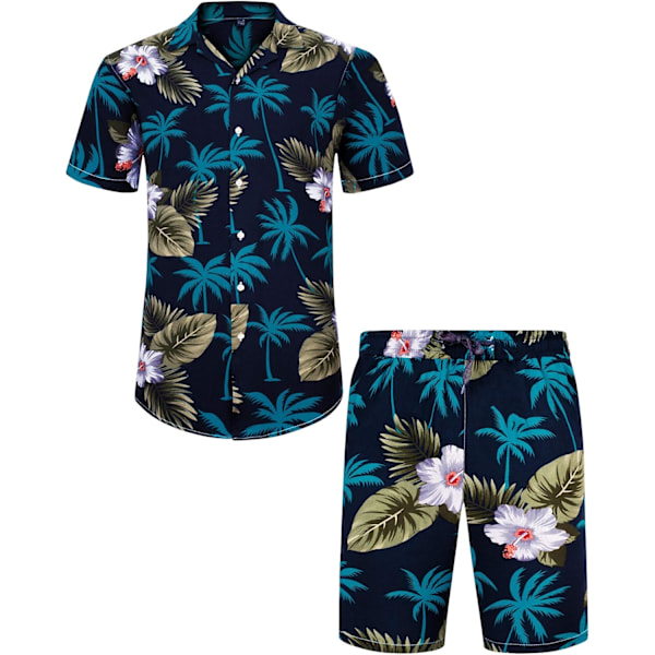 Herr Hawaiian skjorta och shorts set Regular Fit kortärmad casual funky strand flamingo skjorta set XL Dark Blue Palm