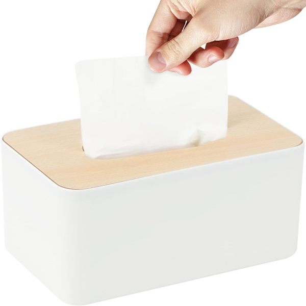 Servetthållare med lock i bambu, servetthållare, rektangulär servettdispenserlåda för badrum, kök, vardagsrum, kontor, bil, 21x13x10cm (vit)