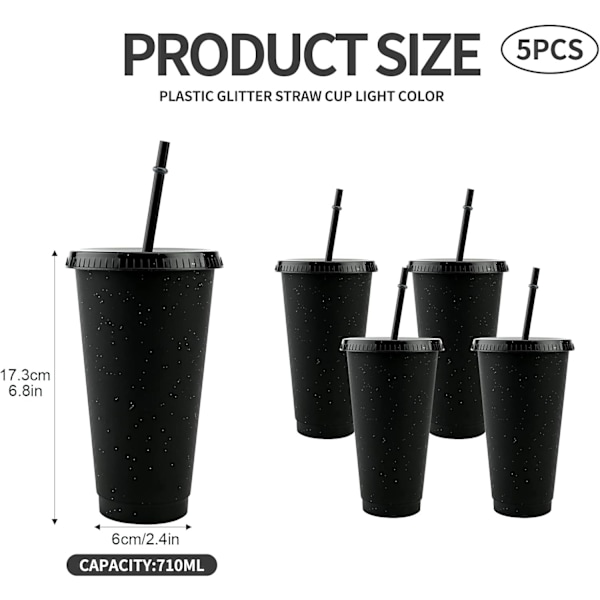 Gjenbrukbare plastkopper 5 stk drikkebeger fargede akrylkopper med lokk og sugerør plast bulk isplast kaldtvannsbeger is 710ml D