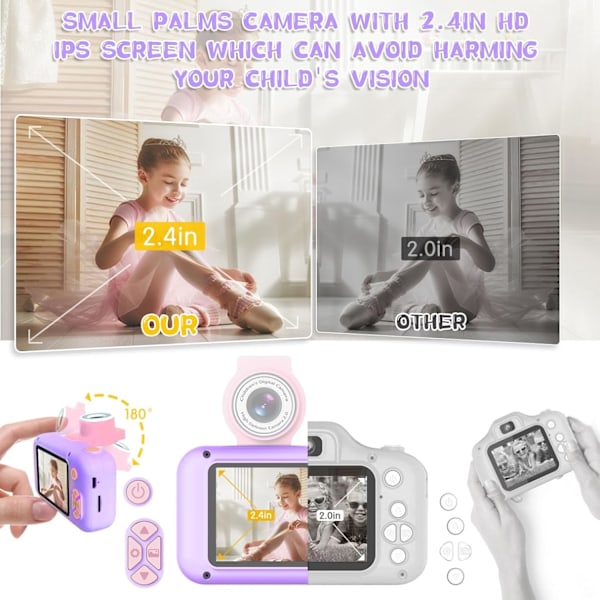 Barnkamera, Kamera för Barn, 2.4in IPS Skärm Digitalkamera, 180° Vridbar Lins Kamera, Barn Selfie Kamera med Uppspelningsspel, Jul-/Födelsedagspresent Purple