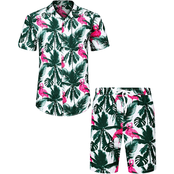 Herr Hawaiian skjorta och shorts set Regular Fit kortärmad casual funky strand flamingo skjorta set S White Green Flamingo