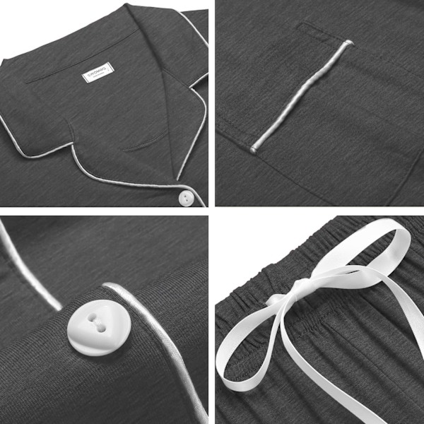 Kvinnors Pyjamas Set Kortärmad Nattkläder Dam Knäppning Nattkläder PJ Set med Ficka XXL Deep Grey