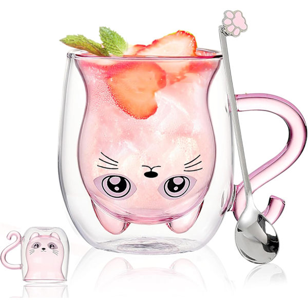 Bjørnekop Søde krus til kvinder Glas Dobbeltvægget isolerede glas Espresso kop, Kaffe kop, Tekop, Mælkekop, Bedste gave Pink Cat